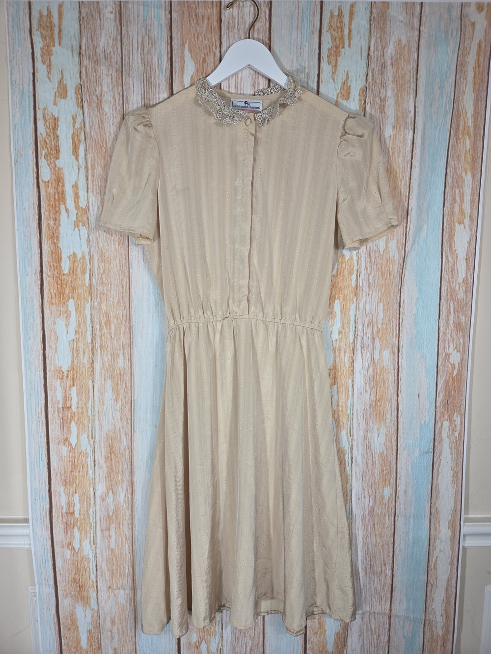 Vintage 80s Jonathan Martin Secretary Midi Dress Lace Collar Striped Cream 11/12